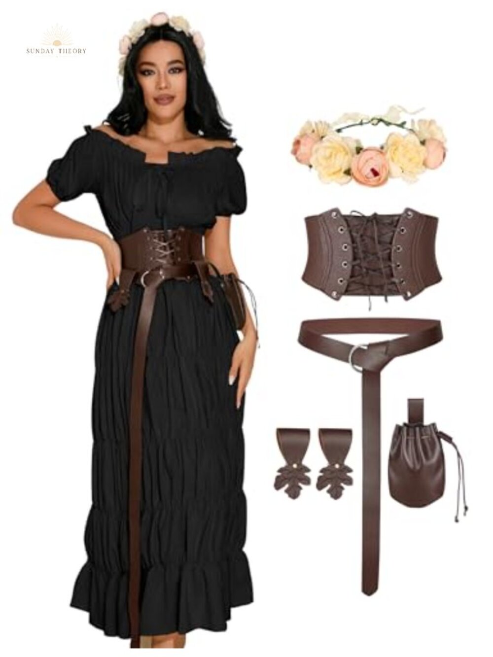 Renaissance Medieval Costume Women 7pc Corset Dress Victorian Irish Faux Leather